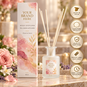Diffuseur de parfum en bâtonnets à la rose, au jasmin et à la fleur de cerisier, marque privée, 100 ml |   Parfum d'ambiance floral et herbal |   Fabricant OEM Espagne - Product Image 1
