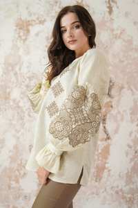 Blusa Bordada Vintage Beige Bohemio de Lino para Mujer, Blusa con Mangas Abullonadas, Corbata con Borlas, Respetuoso con el Medio Ambiente, Hecho en Navidad, Teñido Liso, India - Product Image 3