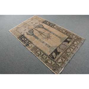 Vintage Turkish Accent Rug 3.4x5.6 ft, <b>Brown</b> Plants & trees Rug <b>Wool</b> - Product Image 2
