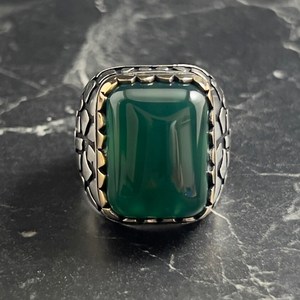 Anillo de Plata de Ley 925 para Hombre con Engaste de Bisel, Corte Cuadrado, Piedra Preciosa de Ágata Verde Natural, Estilo Bohemio, Hecho en Turquía, para Uso Diario - Product Image 2