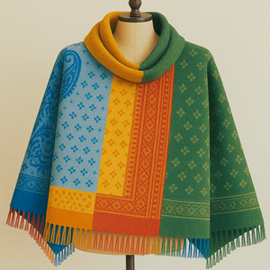 Chal Reversible de Lana Pura de Primera Calidad, Ligero, para Mujer, Diseño Rectangular Largo con Bordado de Lunares, Diseño Propio, Marca MyEthnix - Product Image 1