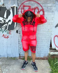 Ensembles short et sweat à capuche zippé complet personnalisé OEM survêtement deux pièces lavé à la pierre et à l'acide survêtement avec broderie de détresse pour hommes - Product Image 5