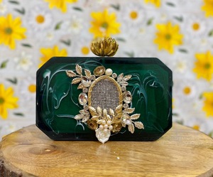 Artistic Resin Purse Jewelry <b>Box</b> With Crystal Embellishment And Gold Flower Top For <b>Wedding</b> Decoration - Product Image 3