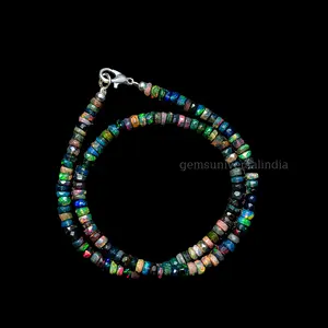 Black Ethiopian Opal Beaded Necklace, Natural Ethiopian Opal Faceted Rondelle Beads Necklace, Welo Opal Multi Fire Necklace Gift