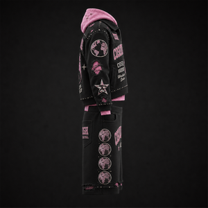 Conjunto de Sudadera con Capucha de Forro Polar Unisex COSH, Estampado de Globo Terráqueo en Negro y Rosa, Estilo Urbano Holgado para Otoño - Product Image 2
