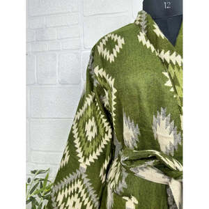 Unisex Yak <b>Wool</b> Robe Geometric Diamond Print Luxurious Urban Floral Warm Beige <b>Red</b> and Teal Kimono/Robe - Product Image 3