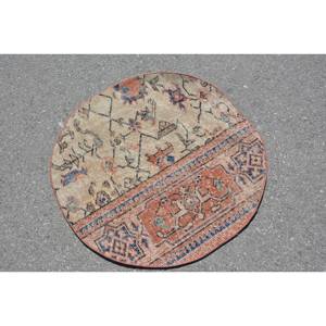 Vintage Turkish Rug Beige <b>Red</b> Patchwork Design Large Area 2.6 X 2.6ft Wool Material with <b>Latex</b> Backing for Hallway Bedroom - Product Image 2