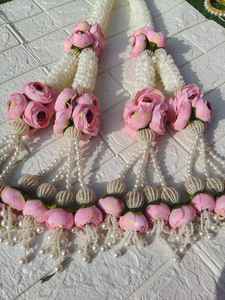 Pink flower and Mogra Jasmine Floral Kalire Set with Pearl Bridal Haldi Mehndi Wedding Bangles with Hanging Kalira for <b>Bride</b> - Product Image 2