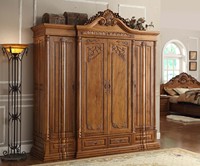 Armoire classique européenne en teck sculpté à la main, 4 portes, style royal antique, en bois massif durable, autoportante