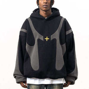 100% coton hommes pull à capuche, Double couche couleur Patchwork broderie haute rue Streetwear en gros - Product Image 2