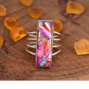 Bague Turquoise huître rose Bague bohème multi-bandes en argent sterling 925 Baguette Cadeau pour elle - Product Image 1