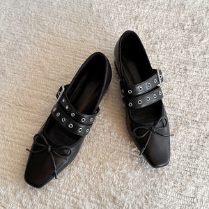 รองเท้าบัลเล่ต์หนังแท้สีดำสำหรับผู้หญิงรองเท้าบัลเล่ต์หัวแหลมมีสายรัดสำหรับผู้หญิงรองเท้าเต้นแท็ปสวมใส่ไปงานปาร์ตี้ - Product Image 4