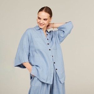 Survêtement en lin pour femme, ensemble deux pièces bleu, vêtements d'été en lin, vêtements de villégiature, pantalon en lin, chemise d'été, ensemble de plage en lin - Product Image 2