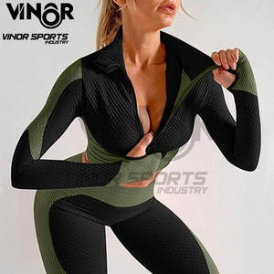 Trajes de yoga para gimnasio de 3 piezas para mujer Colorblock Zip up Sport Jacket Crop Tank Top Leggings de cintura alta Running Workout Sets - Product Image 6
