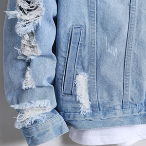 Veste denim à manches longues personnalisée pour hommes bonne qualité Jean déchiré décontracté style motard bleu vintage pour le printemps - Product Image 3
