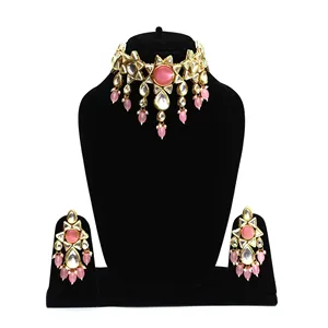 Ensemble de collier choker en cuivre plaqué or rose avec cristaux et pierres Kundan Polki, bijoux de luxe vintage pour mariage et cadeaux - Product Image 1