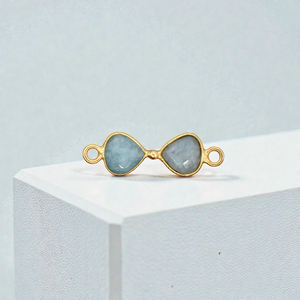 Connecteur en argent 925 avec pierre précieuse amazonite naturelle en forme de double cœur - Serti de pierres précieuses plaqué or pour la fabrication de bijoux DIY - Product Image 1