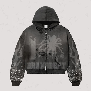Sudadera Personalizada de Alta Calidad con Estampado de Grafiti y Pedrería, Estilo Vintage, Lavado Desgastado, 100% Algodón Ecológico para Hombre - Product Image 2