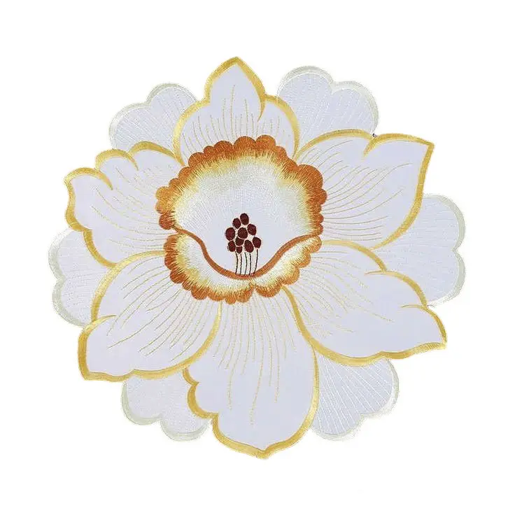 Özel işlemeli Lotus çiçek şekli Placemat ve peçete seti lüks beyaz keten kesme Mat ev restoran düğün için