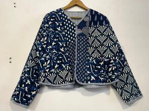 Bridesmaid Indigo Print Jacket - Reversible Indigo Blue Kantha Quilt Jacket - Bohemian Comfortable Patchwork Kantha - Product Image 6