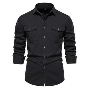 Chemise à poche pour homme en coton 100% style automne, couleur unie, coupe slim, décontractée, manches longues - Product Image 2