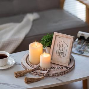 Plateau de service rond en bois blanchi à la chaux avec bordure perlée Table basse de style ferme rustique pour plateau décoratif de cuisine - Product Image 2