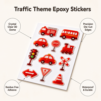 Feuille d'autocollants époxy durables personnalisables pour enfants : Véhicules de circulation, Camion de pompiers, Feu de circulation, Panneau Stop, Train, Cône – Activité créative éducative
