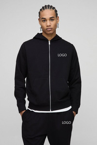 Sudadera con capucha y cremallera ligera sólida básica de ajuste regular negra y conjunto de Jogger de pierna recta logotipo personalizado Puff estampado French Terry Sweatsuit - Product Image 3