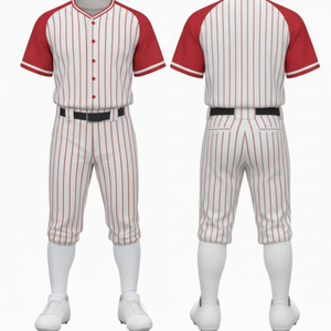 Ensemble uniforme de baseball personnalisé rouge à manches raglan, maillot sublimé à rayures blanches et pantalon assorti - Product Image 1
