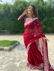 Voiles tissés à la main de qualité supérieure, 100% pur chiffon Banarasi, finement tissés, bordure traditionnelle Zari, tombé doux, protection solaire pour les fêtes - Product Image 3