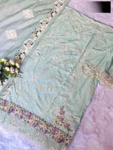 Algodón con autobordado pesado y varios parches bordados traje de estilo paquistaní semicosido para adultos - Product Image 5