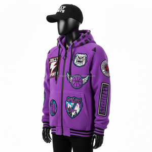 Sudadera con Capucha y Cremallera para Mujer, Tejido de Felpa, Estilo Deportivo Morado, Parches Bordados, Logotipo Personalizado, Material Grueso, Sudadera Básica con Cremallera - Product Image 4