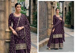 Dernier ensemble de Kurti de travail de broderie de chinon lourd pour femmes multicolores avec le bas et Dupatta India & Pakistan Ethnic - Product Image 4