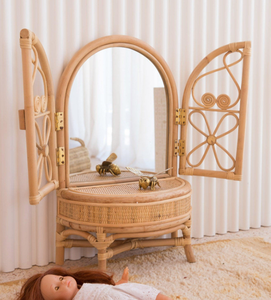 Rattan <b>Makeup</b> <b>Mirror</b> Vanity Table With Drawer Arch Shape Bohemian Style Handmade For Home Use - Product Image 4