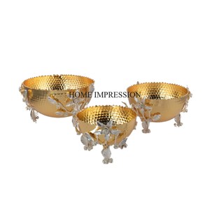 Cuencos de Metal de Alta Calidad con Textura Martillada, Chapados en Oro, Forma Redonda, Diseño de Flores y Hojas, de la India - Product Image 5