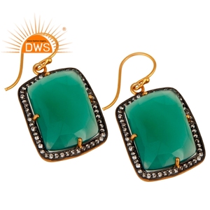 Best Selling Sterling Silver 18K Gold Plated Natural Cz & <b>Green</b> Onyx Gemstone Dangle <b>Earring</b> Demi Fine Jewelry Manufacturer - Product Image 2
