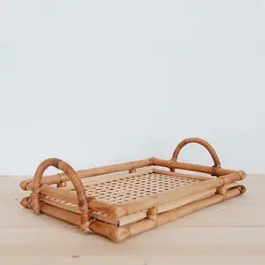 矩形藤竹托盘，带储物篮功能和柳条篮，用于家庭储物和组织