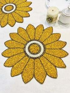 Handmade <b>Beaded</b> Sunflower Shaped Yellow Gold Mat Decorative <b>Placemat</b> for Wedding Christmas & Family Gatherings - Product Image 5