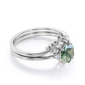 925 argent Sterling feuille gravé hexagone mousse Agate et zircon cubique mariage Double bande bague pour les femmes - Product Image 6