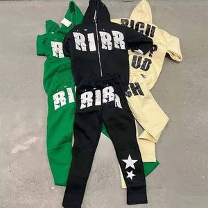 Haute qualité grande taille Street Style hommes Zipper survêtements personnaliser sérigraphié coton polaire lavage à l'acide hiver deux pièces ensembles - Product Image 4