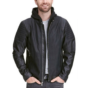 Chaqueta de piel sintética de piel de oveja para hombre en tela de lona personalizada negra con cuello levantado y logotipo frontal de alta calidad - Product Image 1