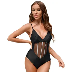 Custom Contrast Mesh One Piece Swimwear Low Back Bathing Suit Ladies Swimsuit With Stripes At Front Panel