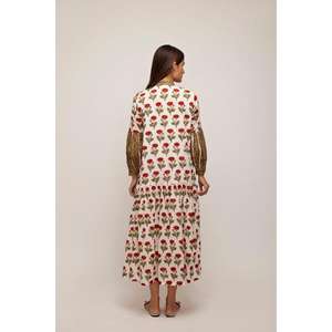 Vestido largo bohemio con estampado de bloques, cuello alto, holgado, ajustado con mangas de globo, estilo informal, cintura natural - Product Image 3