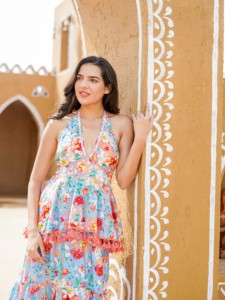 Vestido Midi Bohemio con Cuello en V, Estampado Floral, Volantes en Capas, Cintura Natural, 100% Algodón, Ropa de Verano para Vacaciones, Vestido Elegante - Product Image 4
