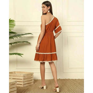DEEBACO Women's Tan Solid Tiered Layered <b>Dress</b> One Shoulder Bell Layered Sleeves Fit & Flared Above Knee Length One Piece <b>Dress</b> - Product Image 3