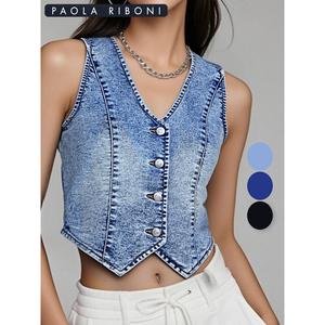 Paola Riboni <b>Women</b> Denim Vest Crop Top V Neck Button Front Short Sleeveless <b>Waistcoat</b> For Spring Summer - Product Image 4