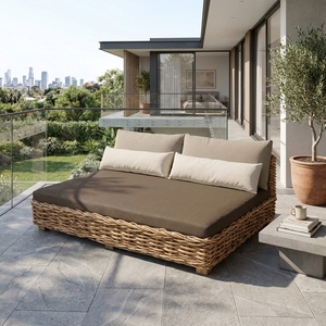 Natural Chunky <b>Rattan</b> <b>Outdoor</b> Double Daybed Brown Mattress Cream Lumbar Bolster Pillows Setup Decor Pure Art Room Design - Product Image 5