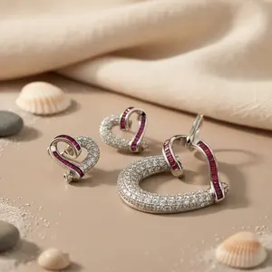 Ensemble de bijoux fins pour femmes, pendentif en argent et rubis en forme de cœur, boucles d'oreilles avec diamant et zircon, plaqué or rose pour les mariages et les fêtes - Product Image 2