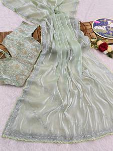 Hermoso Sari de seda suave con lentejuelas de trabajo y borde, blusa cosida, Sari de función de boda de diseñador, Sari de fiesta. - Product Image 3