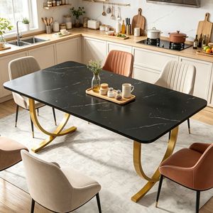 Table à manger rectangulaire en pierre frittée et marbre, neuve, solide et robuste, design en bois massif - Product Image 2